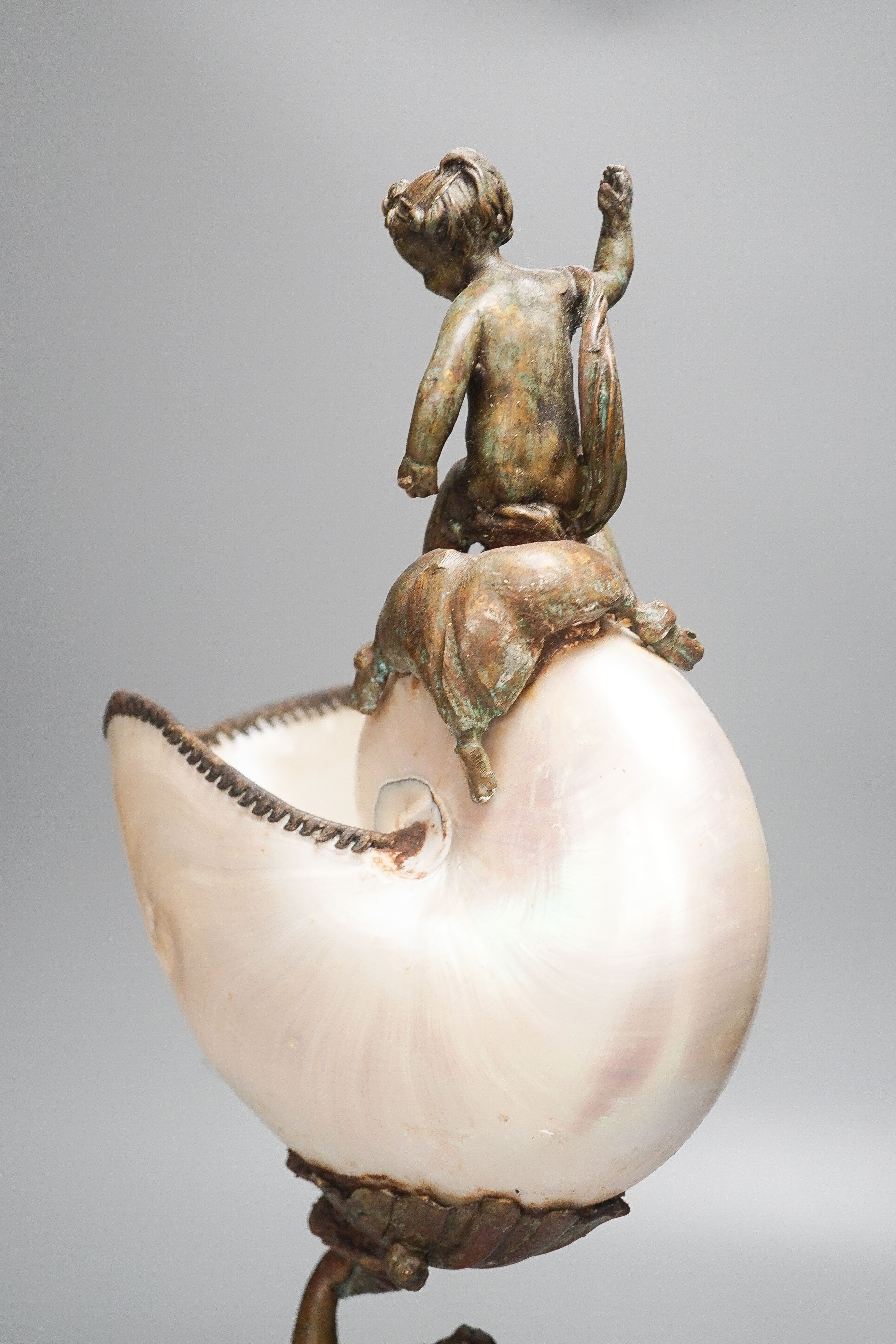 A 19th century bronze and nautilus shell centrepiece 45cm